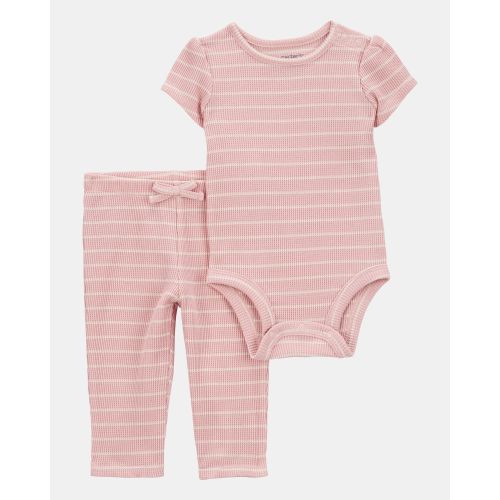 Baby Girl 2-Piece Striped Short-Sleeve Waffle Knit Bodysuit Pant Set - Pink - Carter's | Carter's