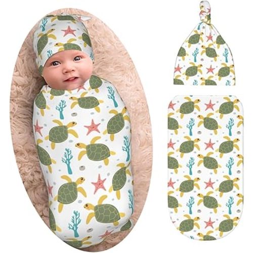 Cute Turtle Baby Stuff Swaddle Blankets Beanie Hat Sets, Soft and Stretchy Newborn Blanket Swaddle Sack for Baby Shower Infant Boy and Girl