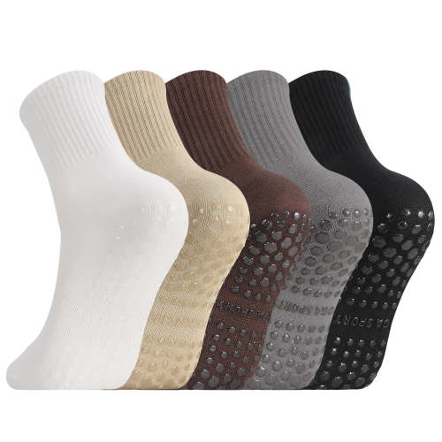 Bocaoying 5 Pack Pilates Socks for Women,Soft Non Slip Crew Socks, Cotton Athletic Workout Barre Hospital Yoga Socks Size 5-8
