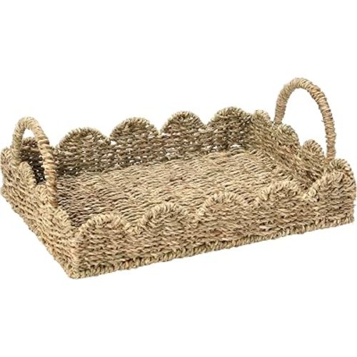 BISS Scalloped Rattan Serving Tray with Removable Floral Transparent Board – Natural Rattan Decorative Wicker Tray with Foldable Handles & Scalloped Edge – Wicker Woven Tray for Coffee Table, Dining
