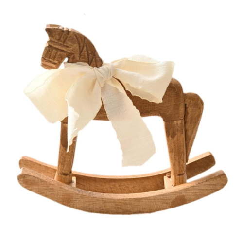 AOOOWER Wooden Horse Figurine Rocking Horse Statue with Ribbon Decorative Unique Collectible Holiday Ornament Table Shelf Decors