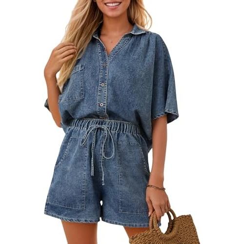 Zilcremo Womens 2 Piece Outfits Summer Denim Sets Short Sleeve Button Down Crop Jean Shirts High Waist Denim Shorts Sets
