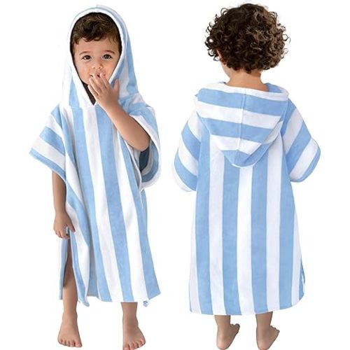 Toddler Poncho Towels with Hood, Oversized (2-4Years,22"X22") Made from 100% Soft Cotton,Absorbent Hooded Towels for Baby Boys,Perfect for Pool | Swimming | Bath | Beach,Light Blue Stripe