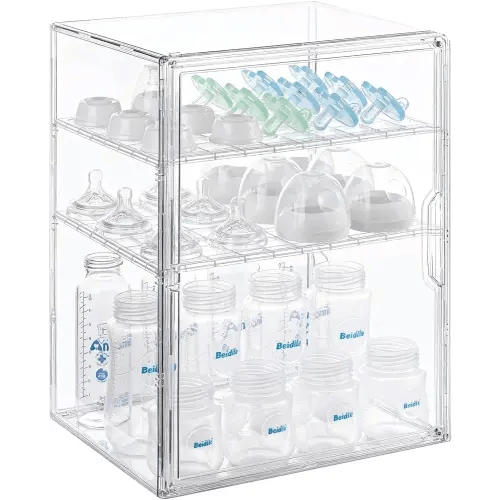 ERTIUANIO Baby Bottle Organizer – 3 Tier Bottle Storage Organizer Baby for Nipples, Pump Parts, Food Jars – Clear Acrylic Bottle Station Organizer for Countertop and Kitchen, Gifts for New Mom