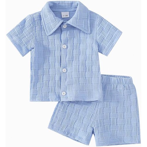 FirstTrail Toddlers and Baby Boys' Summer Clothes Infant Boy Button-town Shirt and Short Set Outfits (Blue, 6-12 Months)