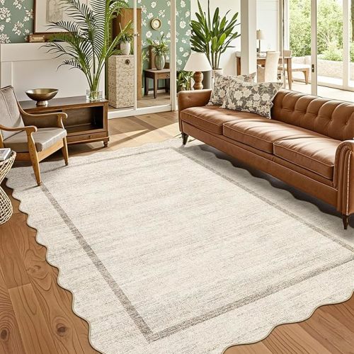 GarveeHome Scalloped Washable Rugs 5x7 Rug for Living Room Modern Non Slip Large Area Rug for Bedroom Decor Farmhouse Low Pile Stain Resistant Carpet for Office Dining Room Classroom 5 ft x7 ft Beige
