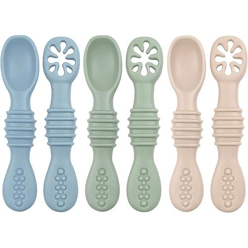 Baby Bliss 6 Pack Baby Spoons Self Feeding 6 Months +, Canadian Mom Owned Brand, Silicone Baby Feeding Spoons, Toddler Infant Baby Led Weaning Spoon, BPA Free