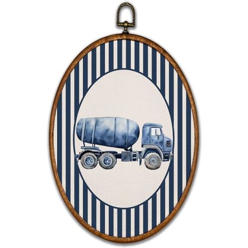 BCUANGD Vintage Cement Mixer Truck Oval Wall Art Decor - Retro Striped Vehicle Nursery Wall Art Canvas Frame Artwork Prints, Kids Transport Oval Wall Hanging Decorations for Home Bedroom, 8.6"x11.4"