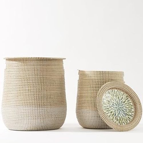 Laundry Baskets Hamper with Removable Laundry Bag, 2 Pack Pure Handwoven Storage Basket, Natural Seagrass Decorative Clothes Hamper for Living Room household, Toy Blanket Plant Organization