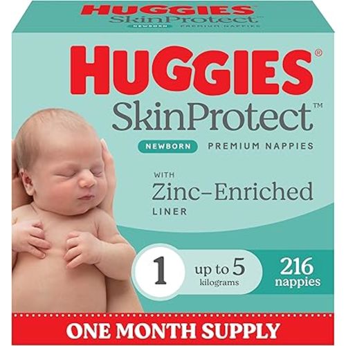 Huggies Skin Protect Newborn Nappies Size 1 (up to 5kg) 216 Count - One Month Supply (Packaging May Vary)