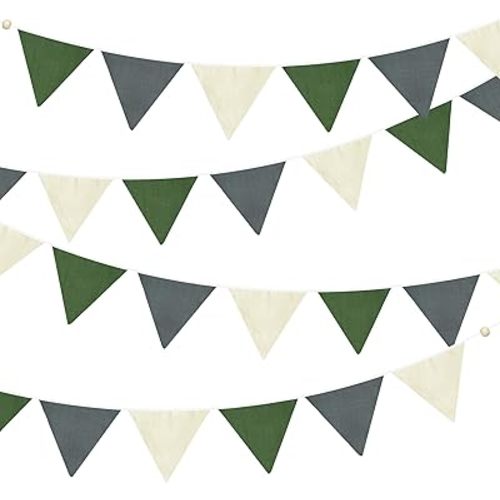 2 Sets of Green Grey Beige Nursery Garland 24Pcs Woodland Fabric Linen Pennant Banner Flags Triangle Streamers for Baby Playroom Decor Kids Camping Birthday Baby Shower Jungle Party Decorations