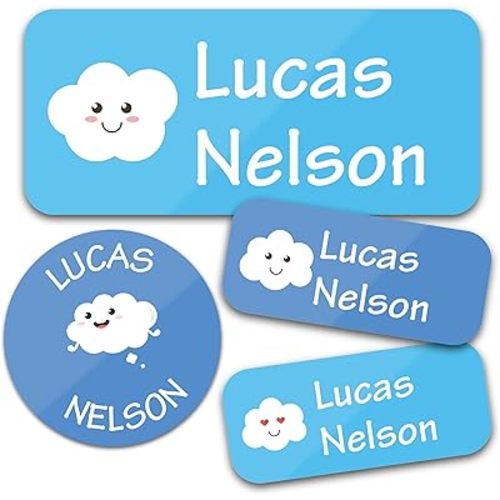 Personalized Daycare Name Labels for Kids (130 Labels) - Custom Waterproof Name Stickers for Clothing Tags, Water Bottles, Lunch Boxes and School Supplies (Clouds)