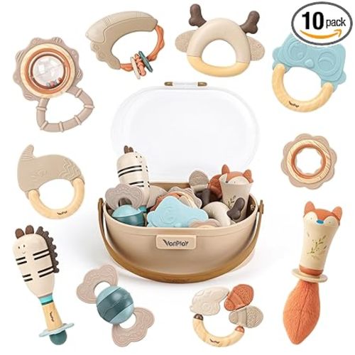 Baby Rattles & Teethers Set – Baby Toys 0-6 Months, Teething Toys 3-6 Months, Sensory Toys with Soft Textures, Gentle Sounds & Easy-Grip Shape, Neutral Newborn Gift（10-Pack）