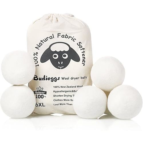 Wool Dryer Balls Organic XL 6-Pack, 100% New Zealand Chemical Free Fabric Softener for 1000+ Loads, Baby Safe & Hypoallergenic, Reduce Wrinkles & Shorten Drying Time Naturally