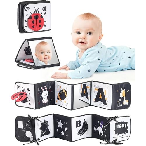 High Contrast Black and White Baby Toys for Newborn 0-6 Months – Contrast Cards & Sensory Baby Book with Mirror – Tummy Time Infant Toys for Visual Stimulation, Early Learning & Brain Development
