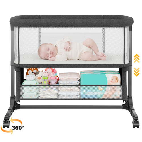 COFUNOK Baby Bassinet,Baby Bassinets Bedside Sleeper With 360° Swivel Wheels,Bedside Bassinet for Newborns,7 Adjustable Height,Full-Mesh Sides,Large Storage Basket-Dark gray