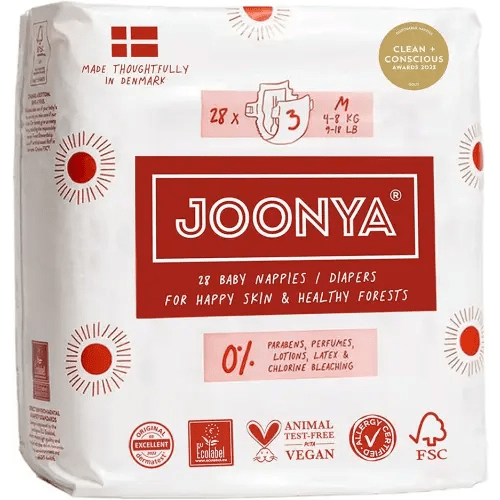 Joonya Baby Diapers, Size 3 M (9-18 lb) - 1 Bag of 28 - New Range - NonToxic, Eco-Friendly, Ultra Slim, Overnight Use - Made in Denmark