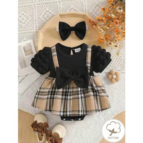 Infant Girls' Fashion Elegant Collared Puff Sleeve Splice 2 In 1 Ribbed Suspender Check Bow Jumpsuit With Headband, Summer | SHEIN USA