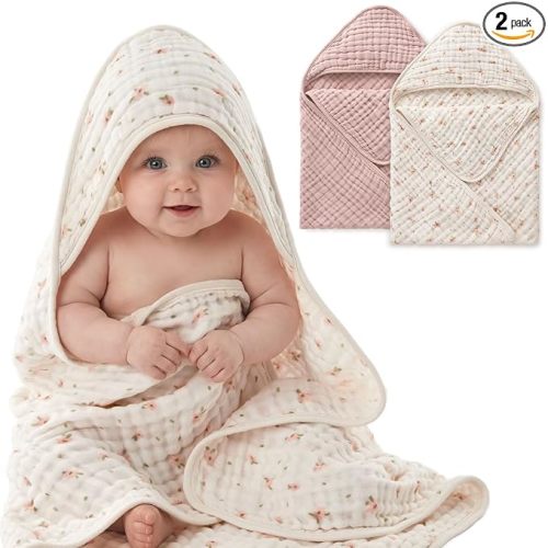 Blissful Diary Muslin Baby Hooded Towel 2 Pack, Soft & Absorbent Bath Towel for Baby Girls, Infant Gift, Newborn Essentials, Pink Floral & Light Pink