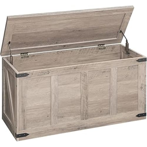 HOOBRO Storage Bench, 39.3”Toy Box Organizer with Safety Hinges, Farmhouse Wooden Storage Chest, for Hallway, Bedroom, Living Room, Greige BG500CW01