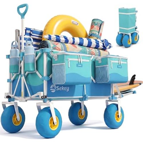 Sekey Heavy Duty Beach Wagon with 9" Big Sand-Proof Wheels, 300L Oversized Foldable Beach Cart with Cooler| Adjustable Handle & Balloon Tires for Sand, Camping,Vacation