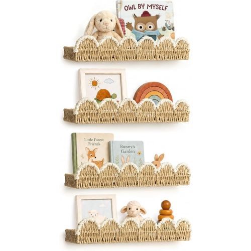 AELS Scalloped Nursery Bookshelf Set of 4, Woven Rattan Wall Shelf Beige