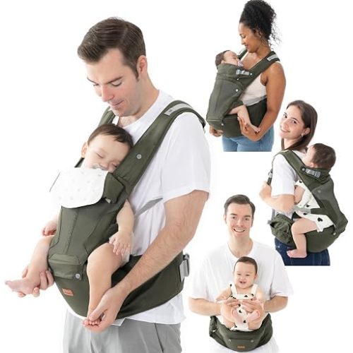 BabbleRoo 6-in-1 Baby Carrier with Hip Seat, Ergonomic Newborn to Toddler Carrier 7–50 lbs, Front Back Hip Carry, Lumbar Support, Sun Hood, Safety-Certified, Seaweed Green