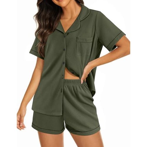 Ekouaer Womens Waffle Knit Pajama Sets Soft Short Sleeve Button Down Sleepwear Cozy 2 Piece Pjs Shorts Set