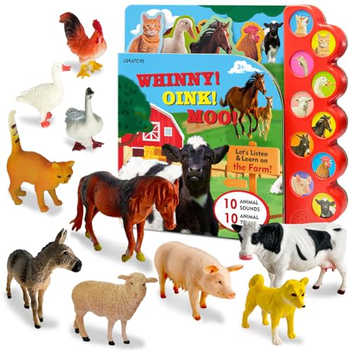 iGRATENS Farm Animals Figures Toys with Sound Books, 10PCS Farm Animals for Toddlers & Animal Sound Books with 10 Buttons, Plastic Animals, Farm Toys for Toddlers 3-5, Animal Lover Gifts for Kids