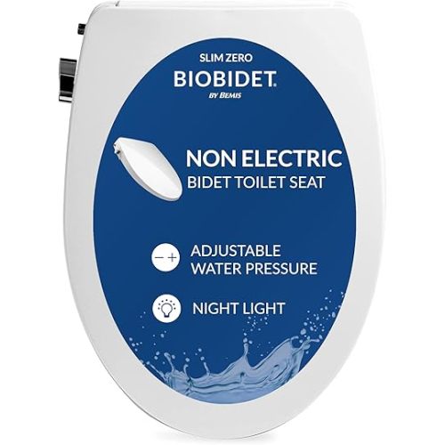 Bio Bidet Slim Zero Non Electric Bidet Toilet Seat Elongated, Low Profile Seat with Slow Close Lid, Battery Powered Night Light, Dual Nozzles, White