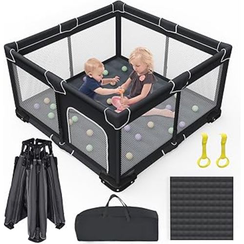 Foldable Baby Playpen with Mat, Foldable Playpen for Babies and Toddlers, Folding Portable Kids Play Pen, Collapsible Play Yard with 2 Handles + Suitable Size Mat(Black, 50x50 inches)