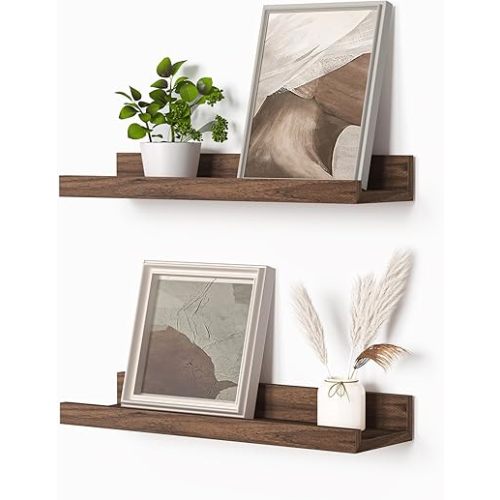 Heimlove Picture Ledge Shelf, Small Floating Shelves Set of 2, 16 Inches Picture Shelf for Wall with Ledge, Kids Bookshelf Wall Mounted for Living Room Bedroom Decor Books Photo Frames, Walnut