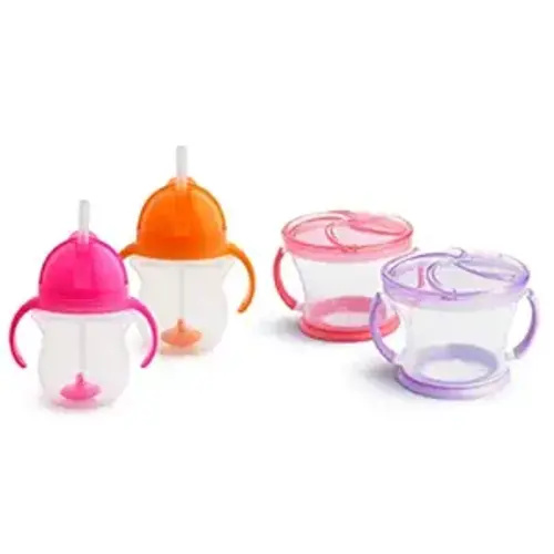 Munchkin Happy Snacker Toddler Cups and Snack Containers - 7oz Any Angle Weighted Straw Trainer Cup and 9oz Snack Catchers, Purple/Pink