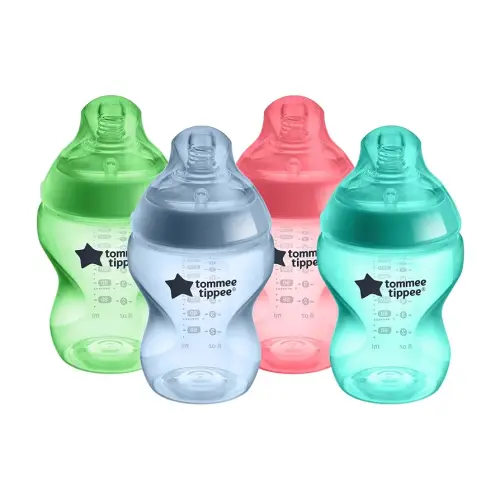 Tommee Tippee Natural Start Anti-Colic BPA Free Baby Bottles, 9oz, Slow-Flow Breast-Like Nipple for a Natural Latch, Designed for Seamless Transitions Between Bottle and Breast, Fiesta, Pack of 4