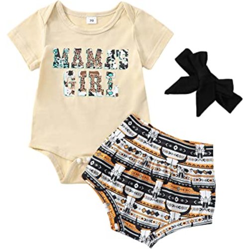 Omkzanbi 3PCS Cute Western Baby Girl Summer Clothes Letter Bodysuit Romper Retro Boho Cow Printed Bloomers Shorts Headband