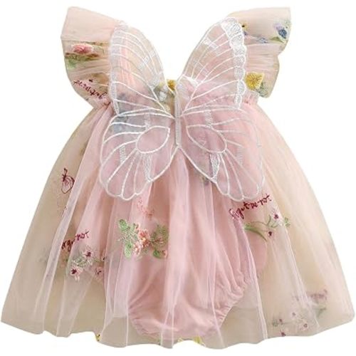 Little Girls Embroidery Flower Tulle Mesh Butterfly Dress with Wings