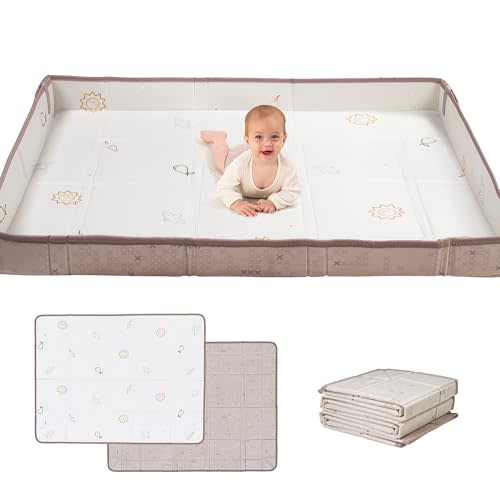 Taf Toys Foldable Soft Foam Baby Play Mat Waterproof Reversible Kids Play Mat for Floor Soft Foam Playmat Babies & Toddlers Extra Large 59.1"×71" Double-Sided Mat with Fold-Up Sides - Off White