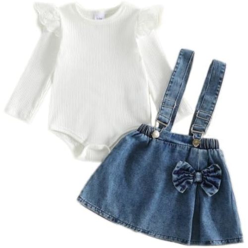 2Pcs Baby Girl Denim Outfit Long Sleeve Romper and Denim Overall Skirts Set