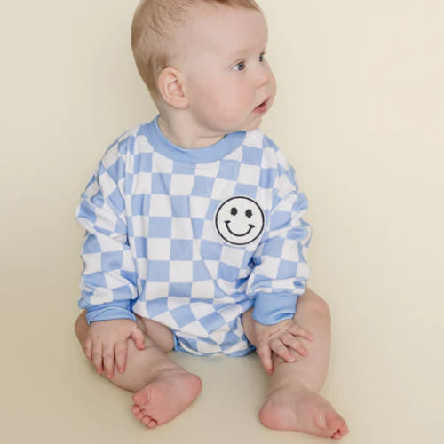 Bubble Romper | Checkered Smiley Blue