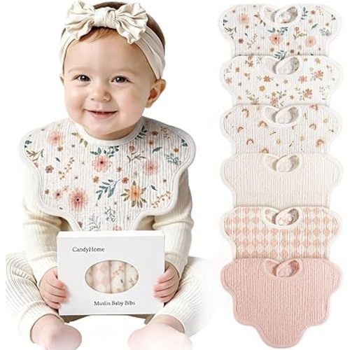 Muslin Bibs for Baby Girl Boy 6 Pack, 100% Cotton Extra Soft Absorbent Bandana Baby Bibs for Drooling and Teething Toddler Newborn Baby Girl Essentials Gifts