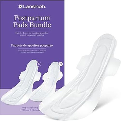 Lansinoh Postpartum Pads Bundle, Extra Absorbent with Wings, Includes 2 Sizes for Extra Protection, Pack of 40, Postpartum Essentials