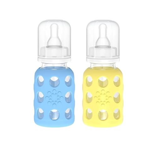 Lifefactory Glass Baby Bottle BPA Free | Protective Silicone Sleeve | 4 oz Pack of 2 | Sky Blue & Banana