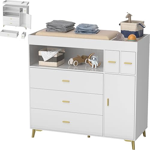 PakaLife Changing Table with Drawers, White Drawer Dresser,Changing Table Dresser with 5 Drawer & Cabinet…