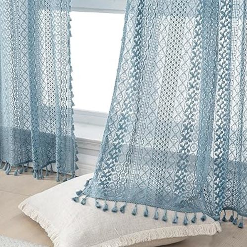 Light Blue Sheer Curtains 84 Inches Long 2 Panels with Rod Pocket Tassel Cotton Boho Crochet for Bedroom Living Room, Stone Blue