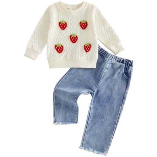Afunbaby Baby Girl Outfit Toddler Long Sleeve Strawberry Sweatshirt Elastic Waist Jeans Baby Girl Fall Clothes Set