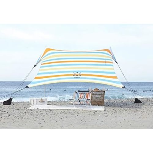 Neso Portable Beach Tent Sun Shelter with Sand Anchor - Lightweight Beach Shade Canopy - Easy Setup for Family Outings - Patented Reinforced Corners - UPF 50+ - 7 x 7ft - Vintage Stripes