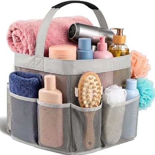Masirs Mesh Shower Caddy – 9 Pocket Portable Shower Caddy Organizer for College Dorm, Travel, Gym, Bathroom – Quick Dry, Lightweight Tote Bag for Toiletries & Essentials, Gray