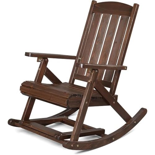 VINGLI Wooden Porch Rocking Chair, Heavy Duty Outdoor Rocking Chair with Retractable Foot Pedal, Solid Fir Wood Rocking Chair with Adjustable Backrest for Patio, Porch, Yard (1, Nut-Brown)