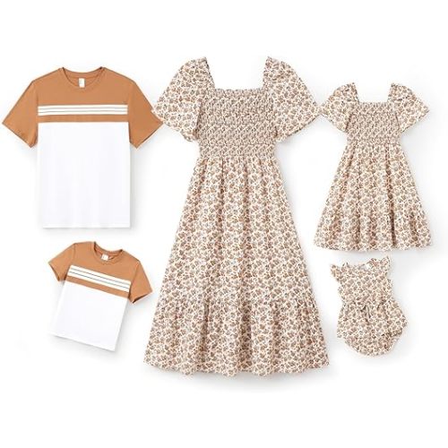 PATPAT Family Matching Outfits Boho Floral Print Square Neck Puff Sleeve Smocked Dress and Short Sleeve T-Shirts Matching Set