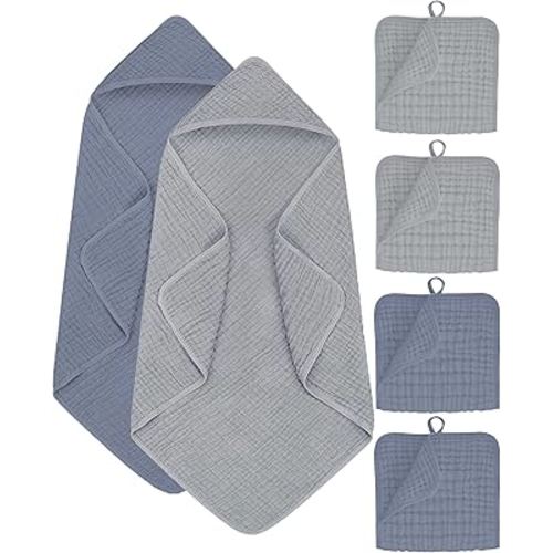 6Pcs Baby Muslin Hooded Bath Towels and Washcloths,32"x 32" Muslin Cotton Hooded Baby Towels for Newborn Shower